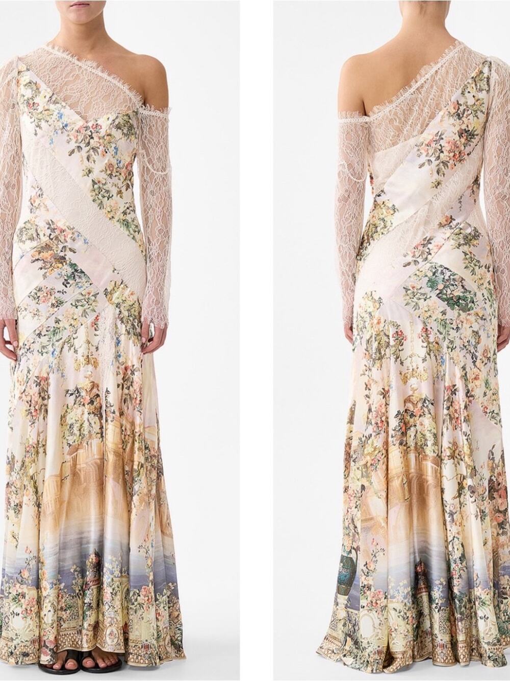 CAMILLA Lace Splice One Shoulder Long Sleeve Silk Maxi Dress Size M